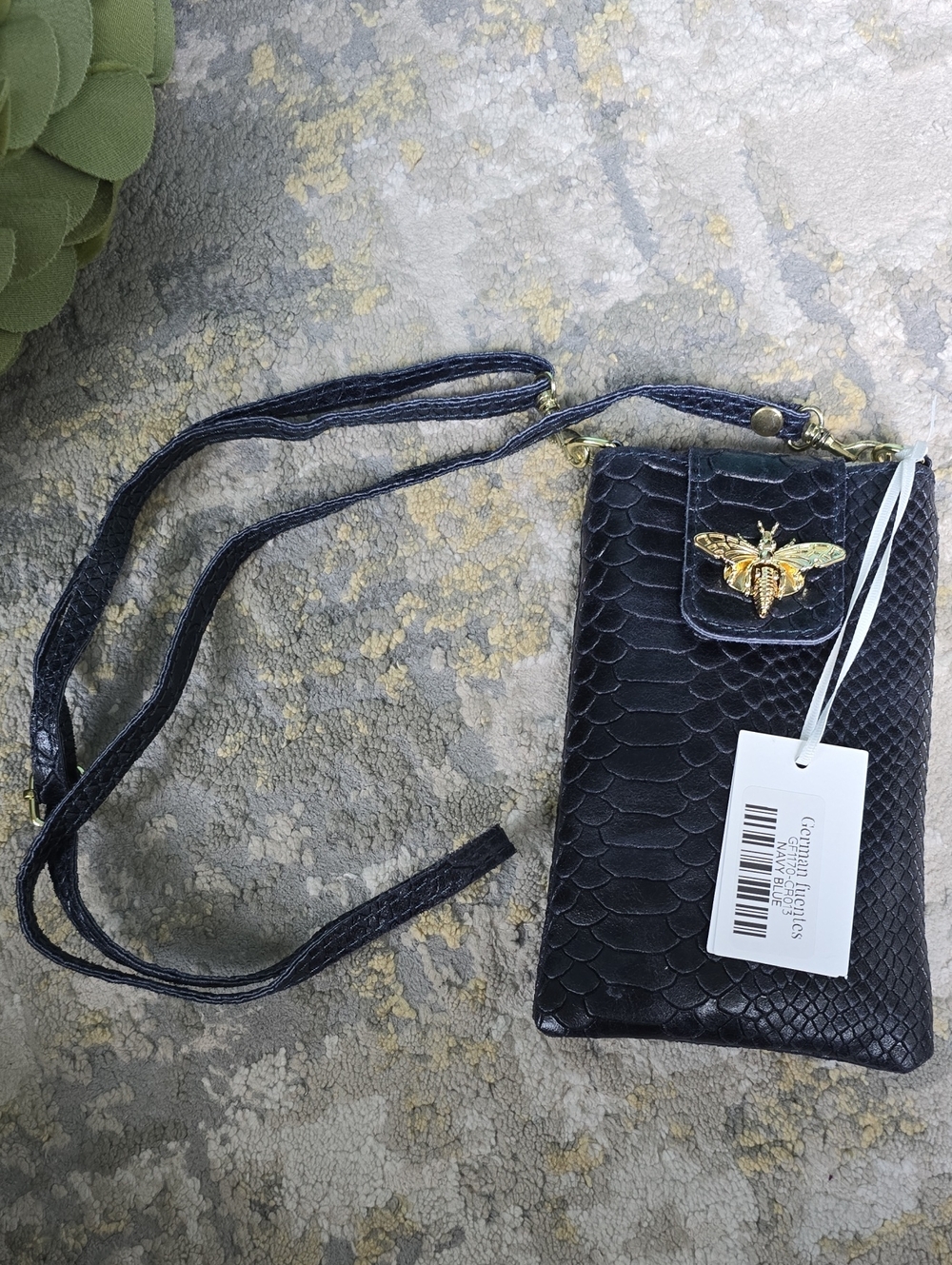 German Fuentes Navy Snakeskin Embossed Crossbody Phone Bag with Gold Bee Accent - Picture 8 of 14